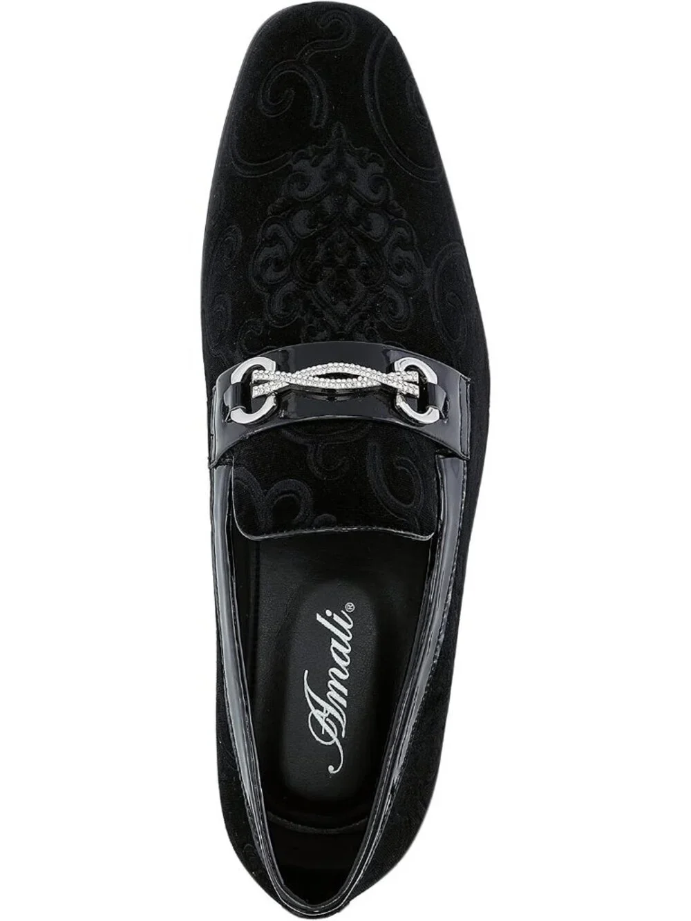 Amali Men Black Throne paisley Embossed Velvet Loafers Trim Slip On Tuxedo Shoes